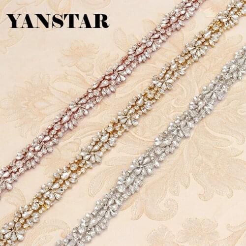 YANSTAR 5 Yards Wholesale Rhinestones Appliques For Bridal Belt Rose Gold Crystal Rhinestones Appliques For Bridal Sash YS857