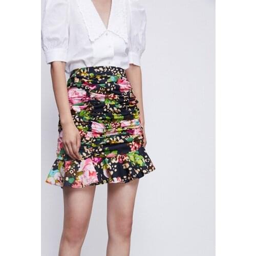 Spring and summer womens floral print skirts ruffled irregular fishtail skirts Slim temperament pencil skirt