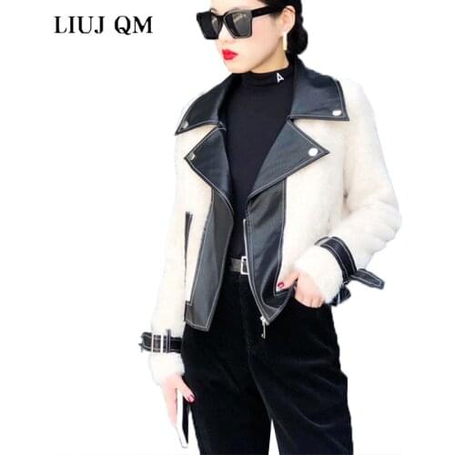 Women Autumn Winter Motorcycle Jacket Fashion Faux MinkFur Coats With PU Sheepskin Leather Wholeskin Imitation Fur Jacket Warm