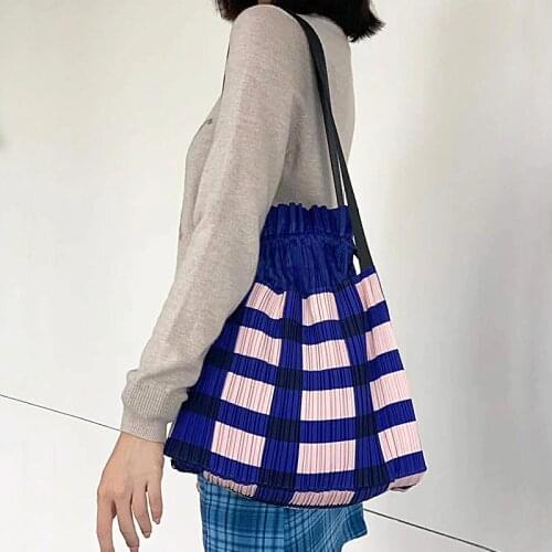 Issey Miyake Pleated Plaid Bag Female Personality Design Spring/Summer 2021 New Drawstring Casual Classic Fashion