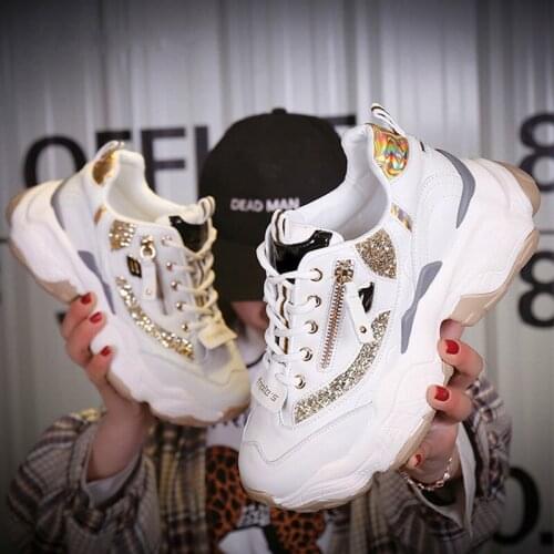 Dropshipping Ladies Glitter Chunky Sneakers Platform 2019 Casual Shoes White Dames Sneakers Women Shoes Trainer Basket Chaussure
