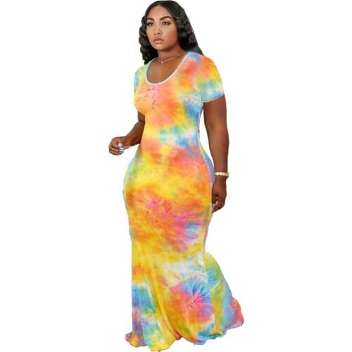 Women Dresses 2021 Fashion Tie Dye Printing O Collar Short-Sleeve Tight Dresses Sexy Party Night Club Back Hollow Out Clothes