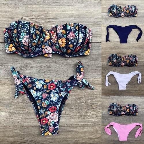 Women bikini swimsuit 2021 Sexy Bandage Floral Print Breast Pad sexy Swimwear Split Bathing suit Swimsuit maillot de bain femme