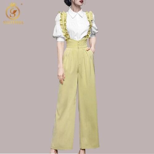 SMTHMA Summer 2 Piece Overalls Pant Suits For Women Puff Short Sleeves Two Piece Set Shirt +High Waist Pants Women Clothes