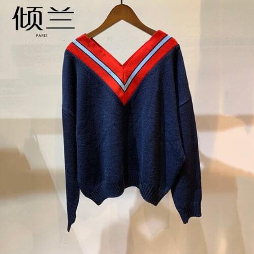 Patads French style autumn winter contrast color V-neck loose knit sweater casual womens pu00268