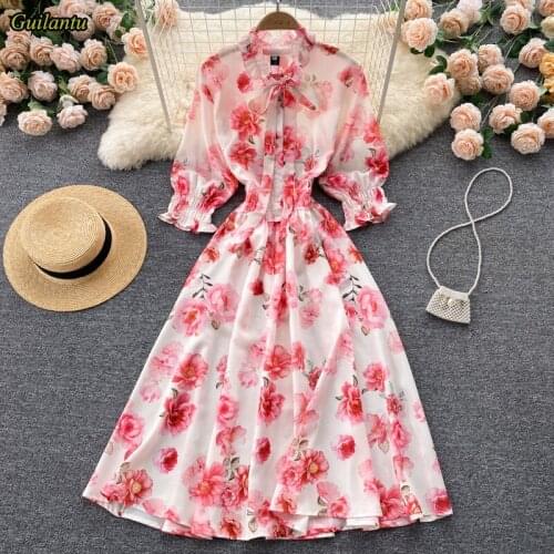 Guilantu Spring Summer Print Floral Dress Women Scarf Collar Three Quarter Sleeve A Lien Vestidos Elegant Evening Party Dresses