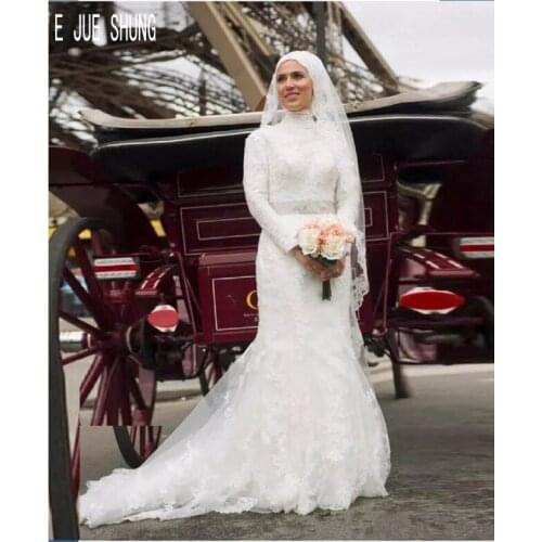 E JUE SHUNG Elegant Lace Muslim Wedding Dresses High Neck Long Sleeves Button Back Crystal Mermaid Wedding Gowns robe mariage