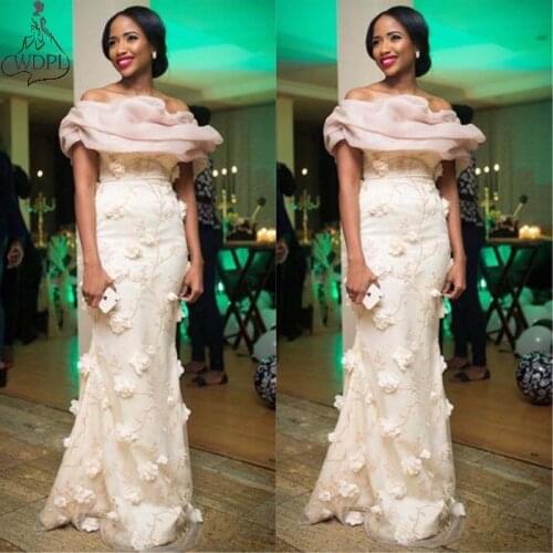 Elegant Off Shoulder Mermaid Evening Dress Nigerian Women Prom Dresses Hand made Flowers Short Sleeve robe de soiree vestido