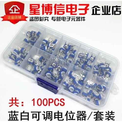 100Pcs/Box RM065 500R - 1M Carbon Film Horizontal Trimpot Potentiometer Assortment Kit 10 Values Variable Resistor connector