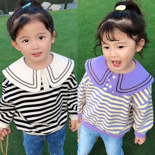 2021 Children Striped T-shirt Spring Girls Sweet Lapel Tops 2-6 Years Old Kids