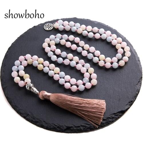 8mm Morganite Beaded Knotted 108 Mala Necklace Meditation Yoga Blessing Tibetan Lucky Women Fashion Charm Japamala Jewelry