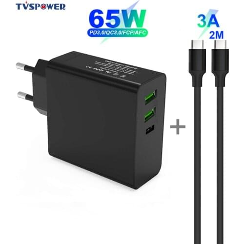 65W 3 Ports USB-C Power Adapter PD/QC3.0 45W/29W TYPE-C Wall Charger Black For MacBook Laptops/iPad/Xiaomi/Samsung (USB-C cable)