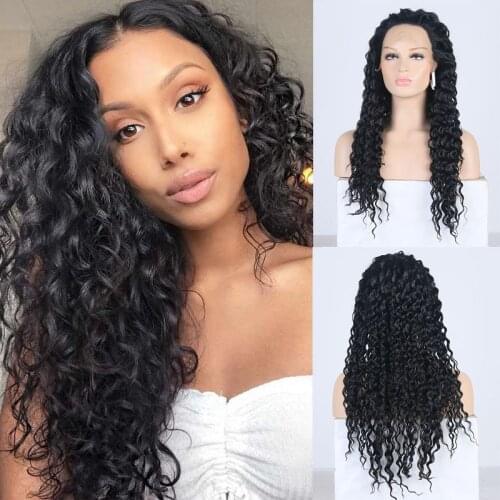AIMEYA High Quality Synthetic Lace Front Wig Free Part Half Hand Tied Deep Black Curly Long Hair Lace Wigs for Women Natural