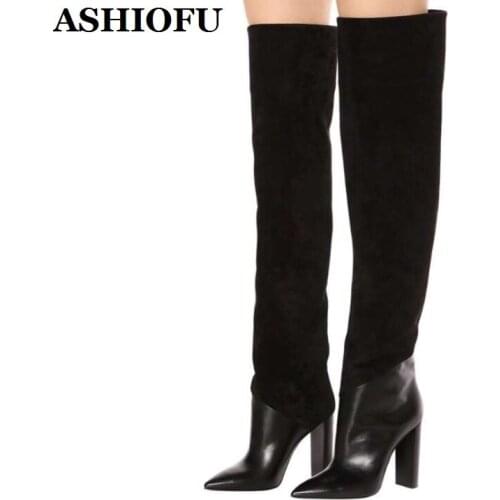 ASHIOFU New Classic Handmade Ladies Chunky Heels Boots Patchwork Faux Leather Over Knee Boots Winter Evening Fashion Boots Shoes