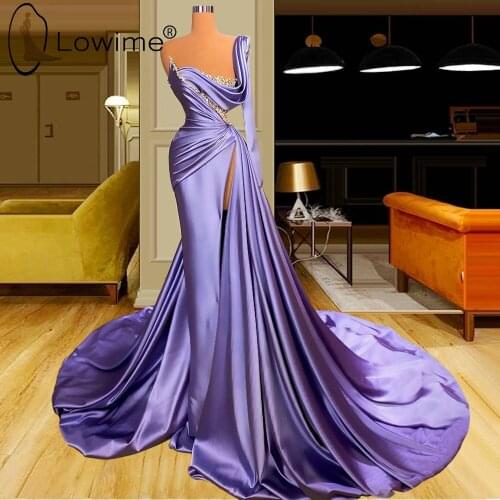 Lavender One Shoulder Mermaid Evening Dresses Long Sleeves Ruched Crystal Satin Prom Party Gowns with High Slit Vestidos Formale