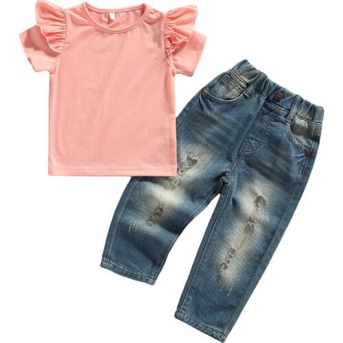 2021 0-6Y Spring Fall Kids Baby Clothing Set Girls Pink Solid Ruffle Short Sleeve Blouse+Holes Denim Long Pants Casual Outfits