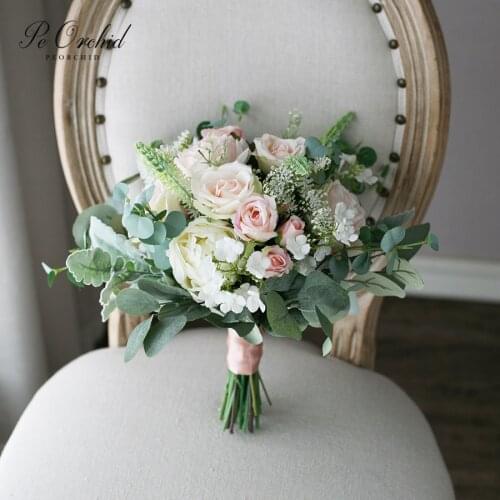 PEORCHID champagne&Peach Big Wedding Bouquet Silk Rose Peony Artificial flowers Eucalyptus Green Pink Bouquet Sposa 2021 New