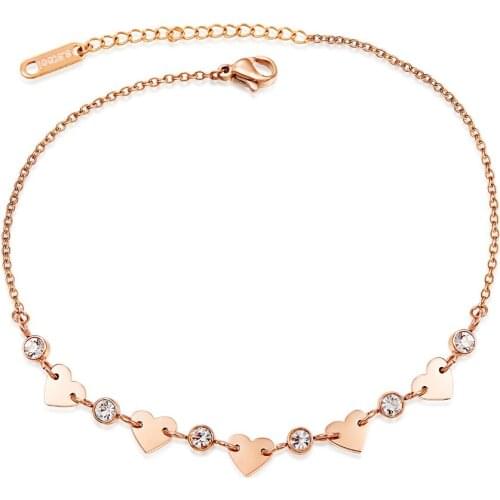 Rose Gold Color Stainless Steel Heart CZ Anklets For Women Charm girl summer Foot Jewelry Gift Drop shipping