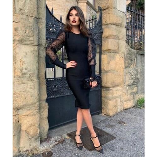 High Quality Black Mesh Puff Sleeve Rayon Bandage Dress Elegant Evening Party Dress Womans Winter Fashion High Street Dress