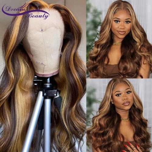 Highlight 13X6 Lace Front Human Hair Wigs 180% Brazilian Remy Wavy Human Hair PrePlucked Blonde Highlight Lace Frontal Wigs