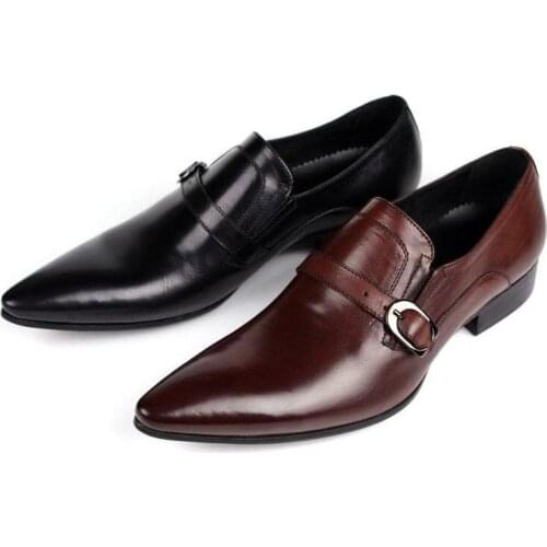 Pointed Toe Genuine Leather Dress Men Shoes Business Office Work Shoes High Quality Slip On Wedding Shoes Black Brown Size 37-44