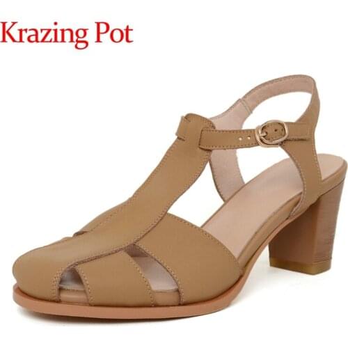 Krazing Pot genuine leather round toe med heels preppy style daily wear solid European style buckle straps mules women pumps L10