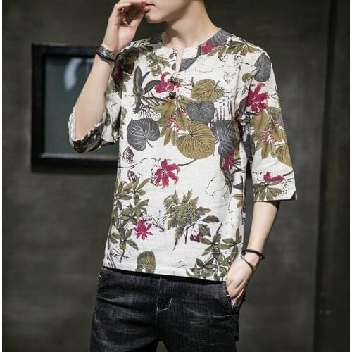 Chinese Style Button Linen T-Shirt MenS Summer Short-Sleeved Tang Shirt Loose Large Size T-Shirt Japanese Kimono Men New 30176