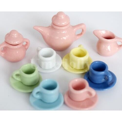 Cute Colorful 1/12 Dollhouse Miniature Porcelain Tea Cup Dish Sets Mini Teapot Pretend Play Kitchen Tableware Toy