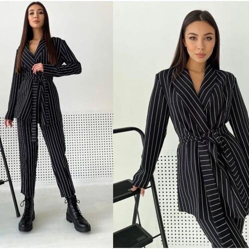 Fashion Striped Blazer With Belt Long Sleeve Slim Fit Ladies Formal Suits Prom Party Mother Of The Bride Dresses Women Suits