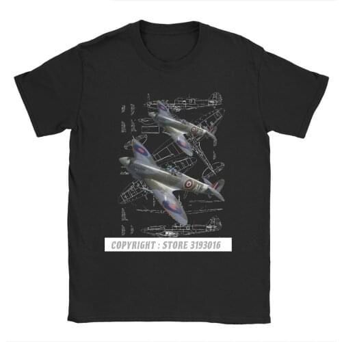 Blueprint Spitfire T Shirts Men Fighter Plane War Pilot Aircraft Airplane Premium Cotton Round Collar Streetwear T Shirts