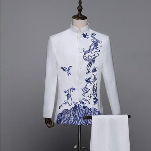 Singer stage embroidery clothing for men Chinese tunic suit set with pants 2020 mens wedding suits man formal dress stand collar
