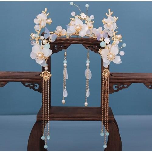 Long Fringed Hair Headdress Set with Earring Flower Design Handmade Traditional Chinese Style Hanfu Accessories ML