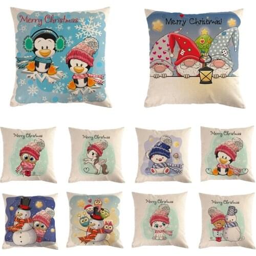 Penguin Christmas Cushion Cover Linen Deer Printed Throw Pillows Case for Home Sofa Decorative Pillows Cover 45*45cm