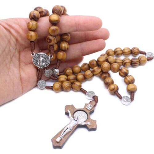 New Handmade Round Wooden Beads Pendant Rosary Necklaces Cross Pendant Christian Catholic Religious Jesus Jewelry