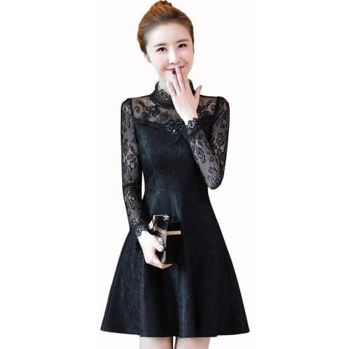 Autumn Winter Women Lace Dress Hollow Out Long-sleeved Sexy Midi Dresses Pink Wine Red Work Office Evening Party Dress Vestidos