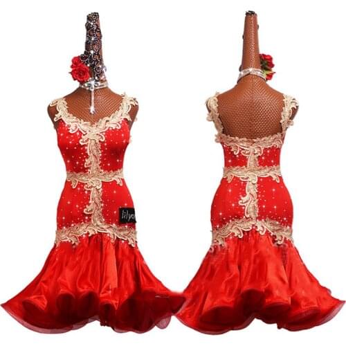 Latin Dance Dress Competition Clothing Performance Dress Prom Party Dress Adult Child Red Embroidered Fishbone Skirt Customized