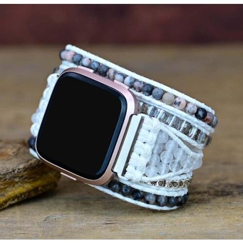 Newest Unique Wax Rope Fitbit Watch Band Boho Natural Stone White Leather Handmade Knit Fitbit Watch Strap Jewelry Wholesale