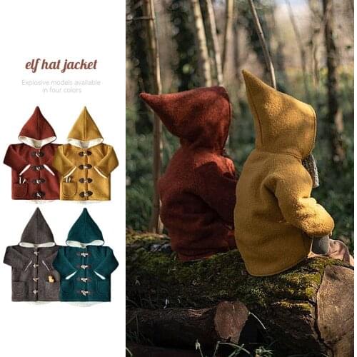 2021 Autumn and Winter New Boys Woolen Thickened Claw Button Coat Girls Retro Elf Hat Coat