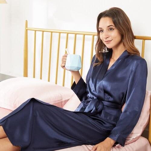 Momme comprimento total de seda quimono robe de banho feminino dama de honra sexy robes senhoras vestidos de noite sleepwear