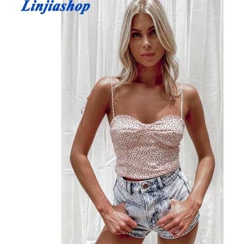 France Pink Floral Print Women Top Chic Spaghetti Straps Camis Sexy Elastic Women Tank Top