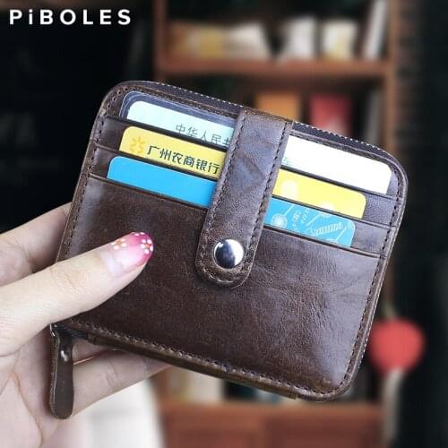 Retro Genuine Leather Card Wallet Handmade Large Capacity Credit Cards Holder ID Card Slot Coin Zipper Purse For Women, Men
