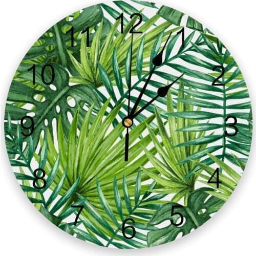 Palm Leaves Jungle Leaves Plant Green Round Wall Clock Creative Home Decor Living Room Quartz Needle Wall Clocks Hanging Watch