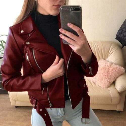Women Autumn Solid Colors Cool Faux Leather Jacket Long Sleeve Zipper Turn-down Collar Motorcycle Biker Short Coat Outerwear