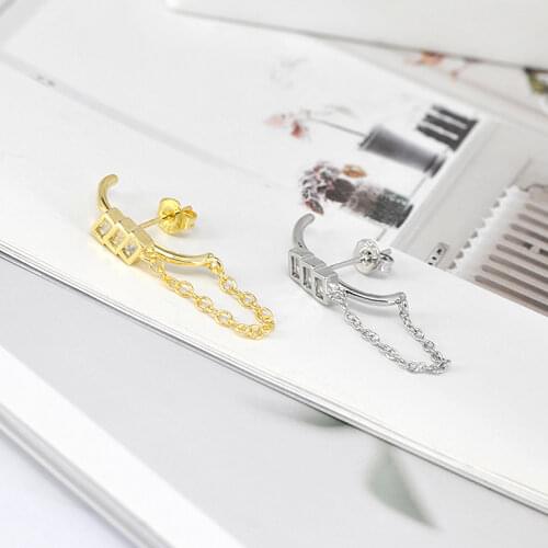 925 Sterling Silver Ear Needle Minimalist Tassel Chain Stud Earrings For Women Crystal Geometric Earrings Party Jewelry Gift