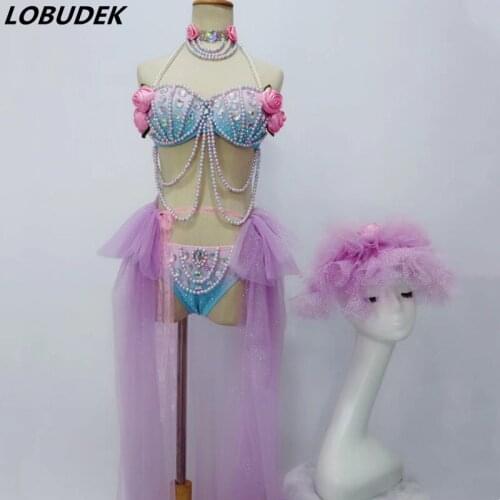 Women costume Pink roses flower crystals Pearl Bikini sets DJ Singer Bar Pole dancing performance outfits nightclub party