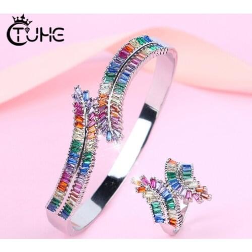 2019 Fashion Irregular CZ Rainbow Jewelry Sets for Women Square CZ Bangle Rings Jewelry Wedding Christmas Gift