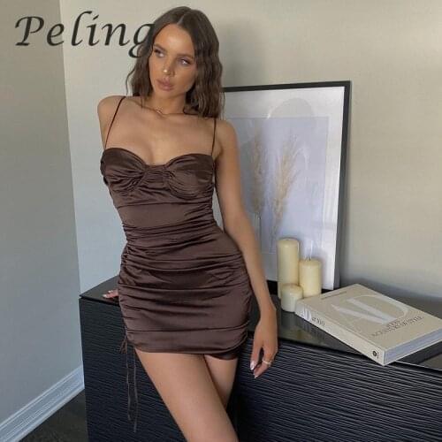 2021 Summer Women Sexy Satin Dresses Backless Pleated Bodycon Short Mini Dress Spaghetti Straps Dress Vestidos Female Streetwear