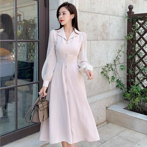 Pearls Button Mesh Patchwork Chiffon Dress Slim High Waist Notched Collar Party Dress Office Lady Elegant Long Midi Dress A990