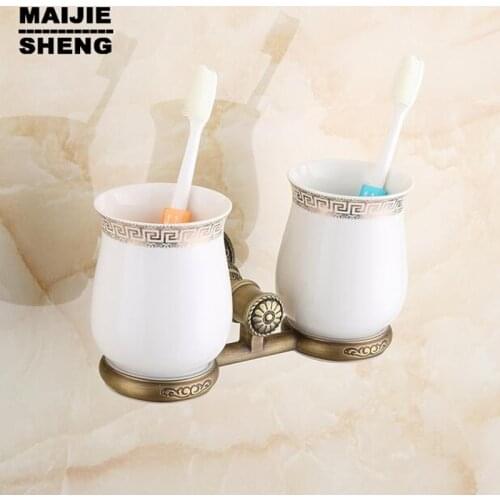 Antique Brass Double Tooth Brush Holder Bathroom Cup Holder Toothbrush Holder Brass antique double cup holder toothbrush
