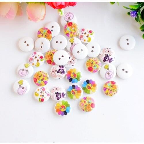Free Shipping Retail 50Pcs Random Mixed 2 Holes Round Pattern Wood Sewing Baby Buttons Scrapbooking 15mm F0890
